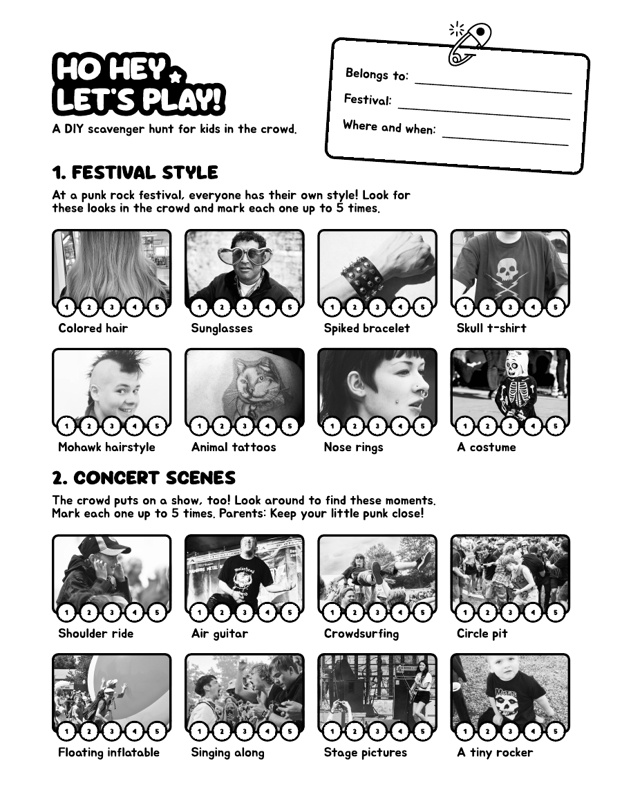 Page one of the sheet: a Festival Style grid and a Concert Scenes grid, each box with five circles to tick.