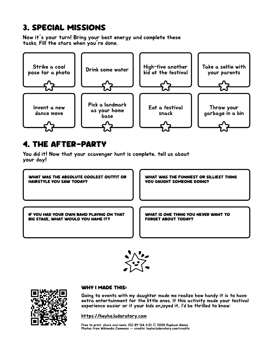 Page two of the sheet: eight Special Missions to complete, then four After-Party questions to write answers in.
